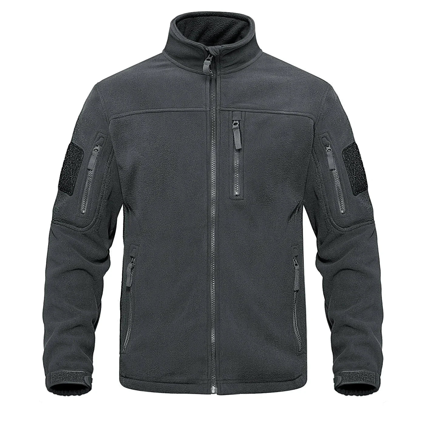 Men's navy full-zip fleece jacket with high collar, thermal fabric, and multiple zippered pockets