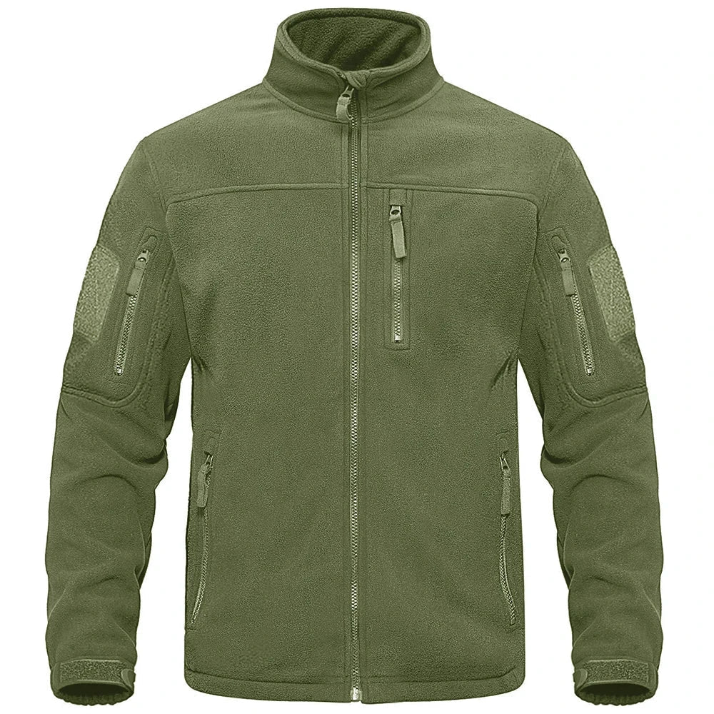 Men's gray full-zip thermal fleece jacket with high collar and multiple zippered pockets