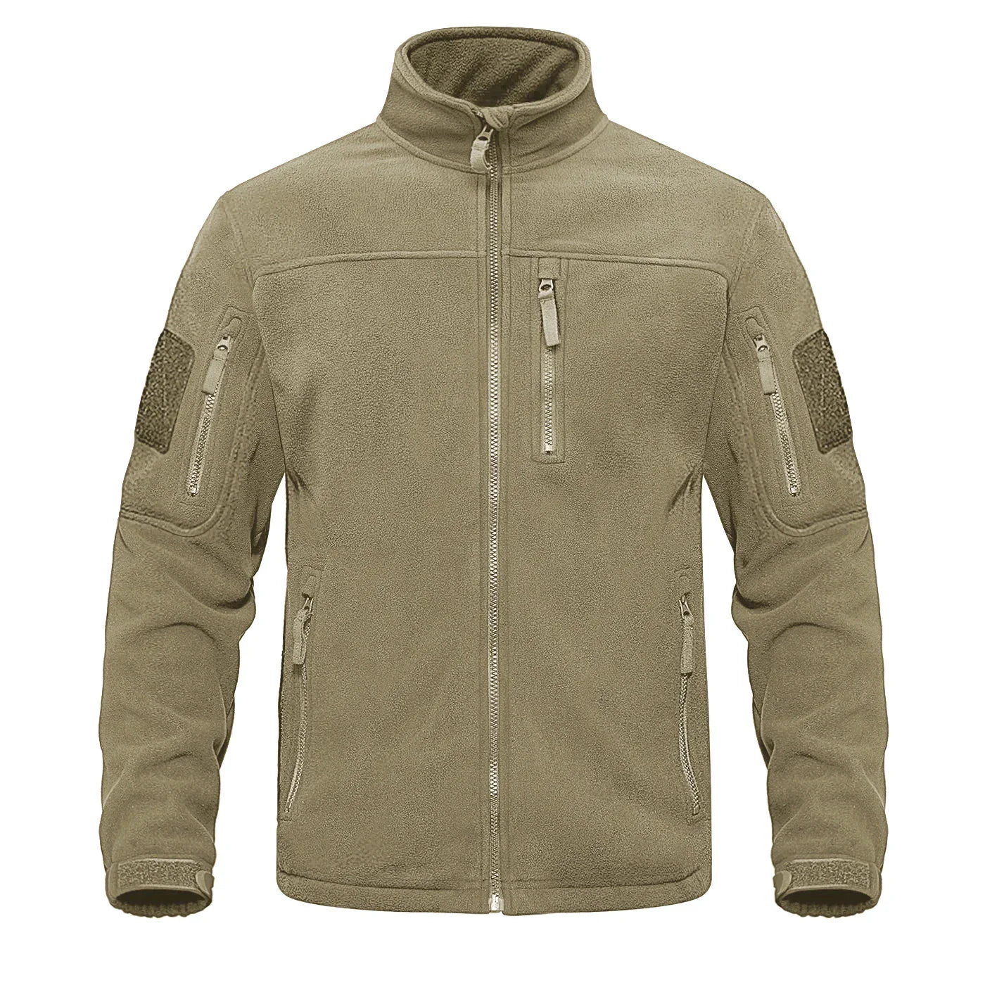 Men's gray full-zip thermal fleece jacket with high collar and multiple zippered pockets