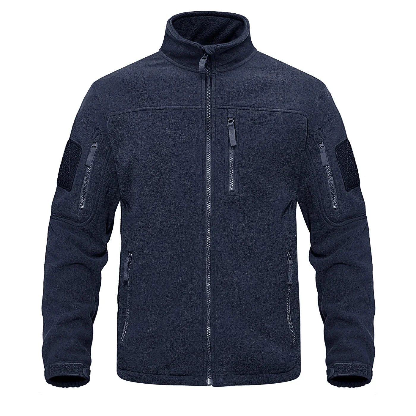 Men's navy full-zip fleece jacket with high collar, thermal fabric, and multiple zippered pockets