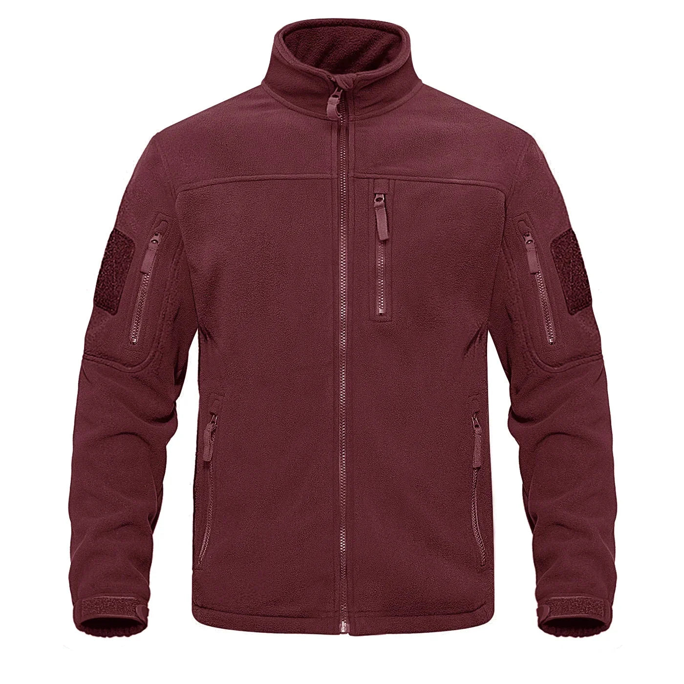 Men's gray full-zip fleece jacket with high collar, thermal fabric, and multiple zippered pockets