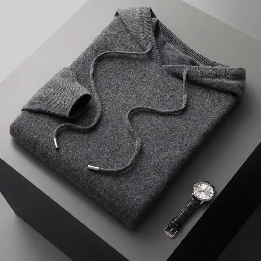 Everett gray merino wool hoodie sweater with true-to-size fit and moisture-wicking performance fabric