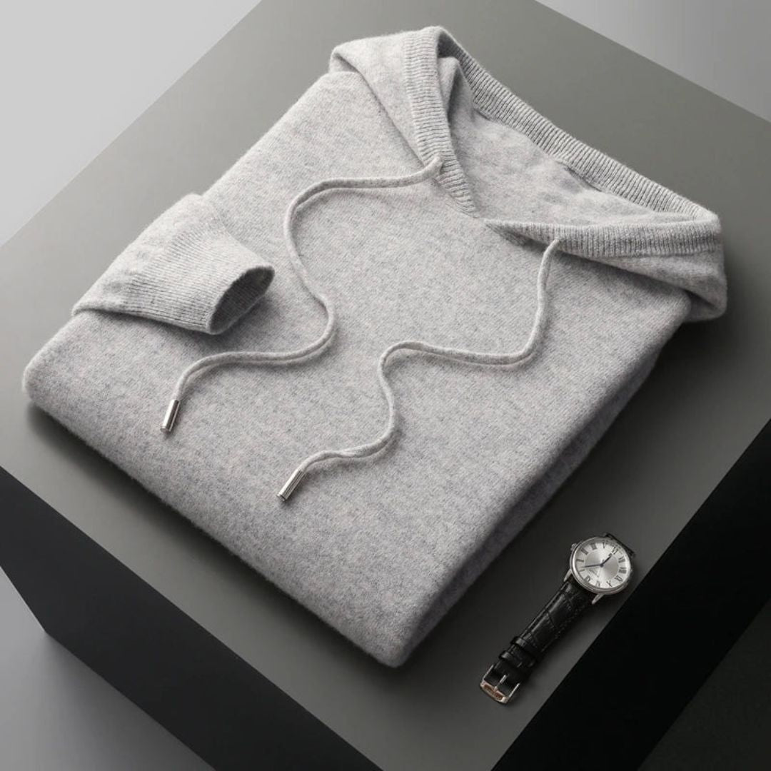 Everett gray merino wool hoodie sweater with relaxed fit and moisture-wicking premium fabric