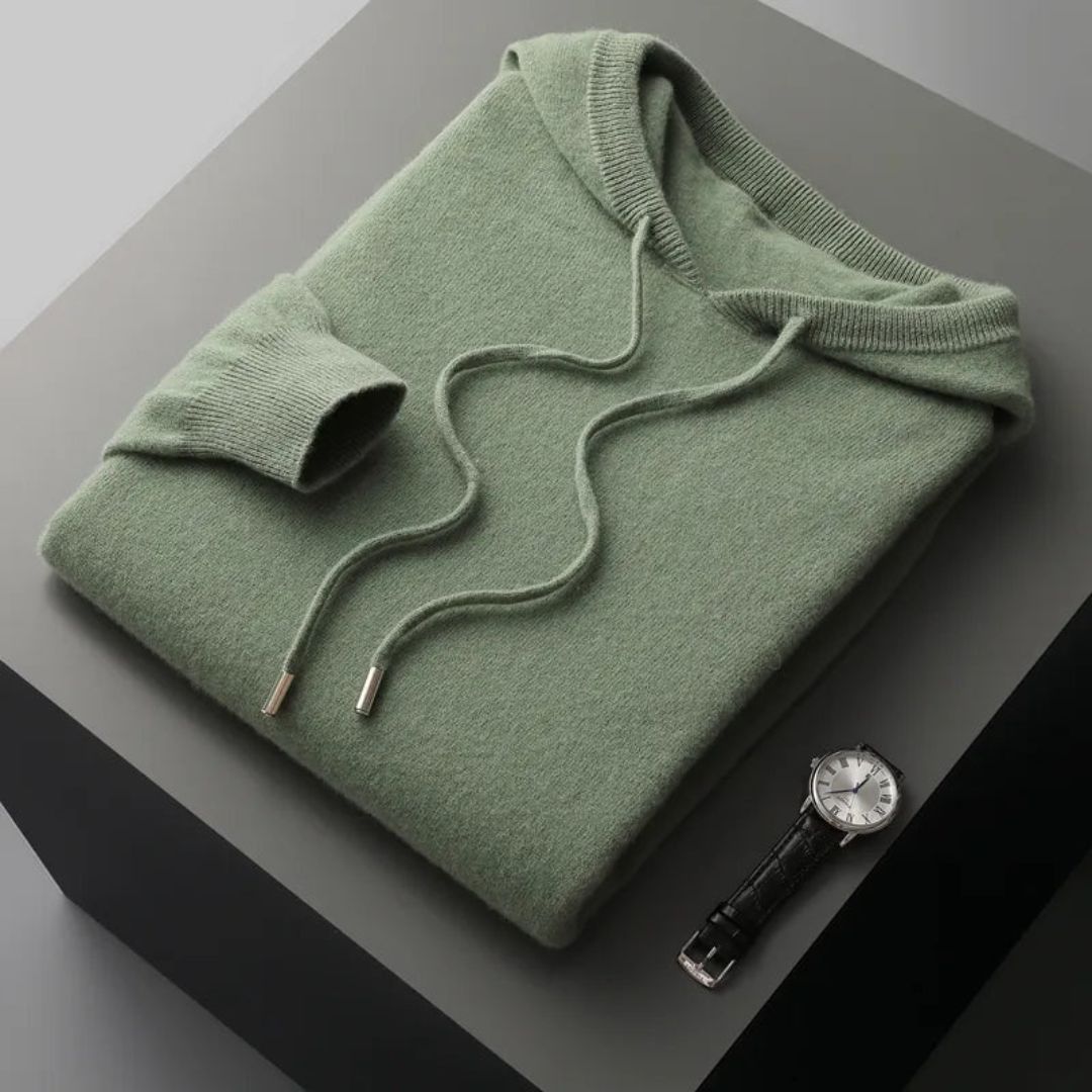 Everett gray merino wool hoodie sweater with true-to-size fit and moisture-wicking performance fabric