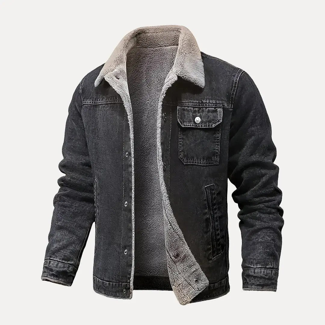 Everett vintage denim trucker coat with fleece lining, rugged blue wash and timeless casual style