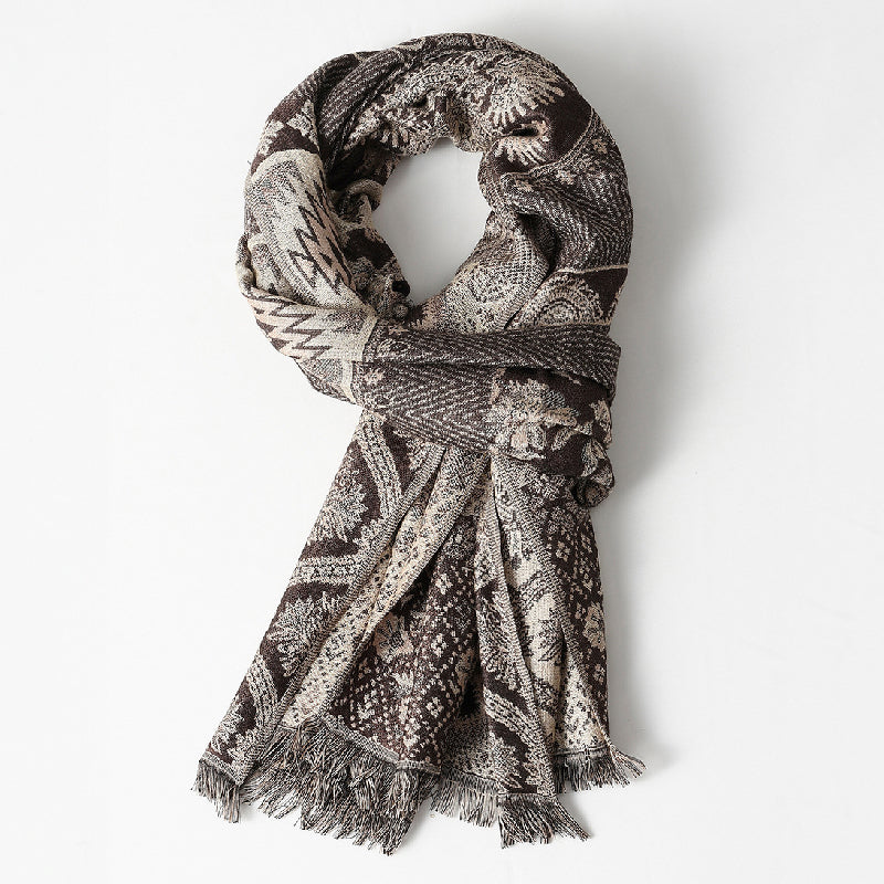 Everglow jacquard scarf with intricate woven pattern and delicate fringed edges for elevated style