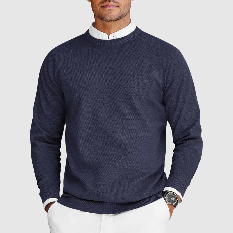 Men's lightweight crew neck sweater in minimal style, premium polyester-nylon knit for everyday layering