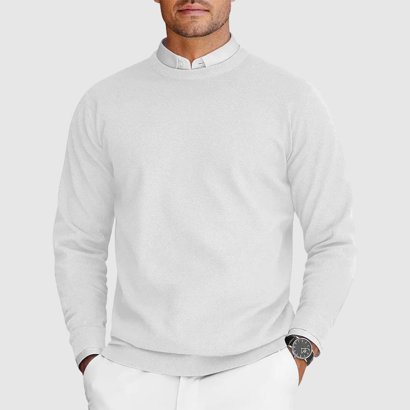 Men's lightweight crew neck sweater in minimal knit design, premium polyester-nylon blend for everyday layering