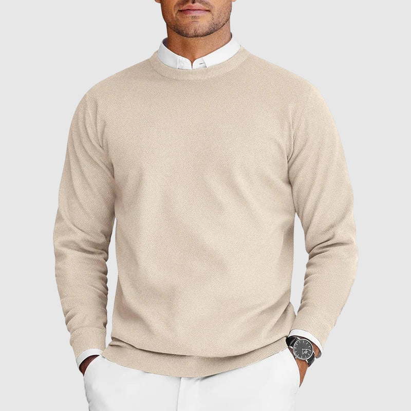 Men's lightweight crew neck sweater in casual minimal style, premium polyester nylon knit for daily layering