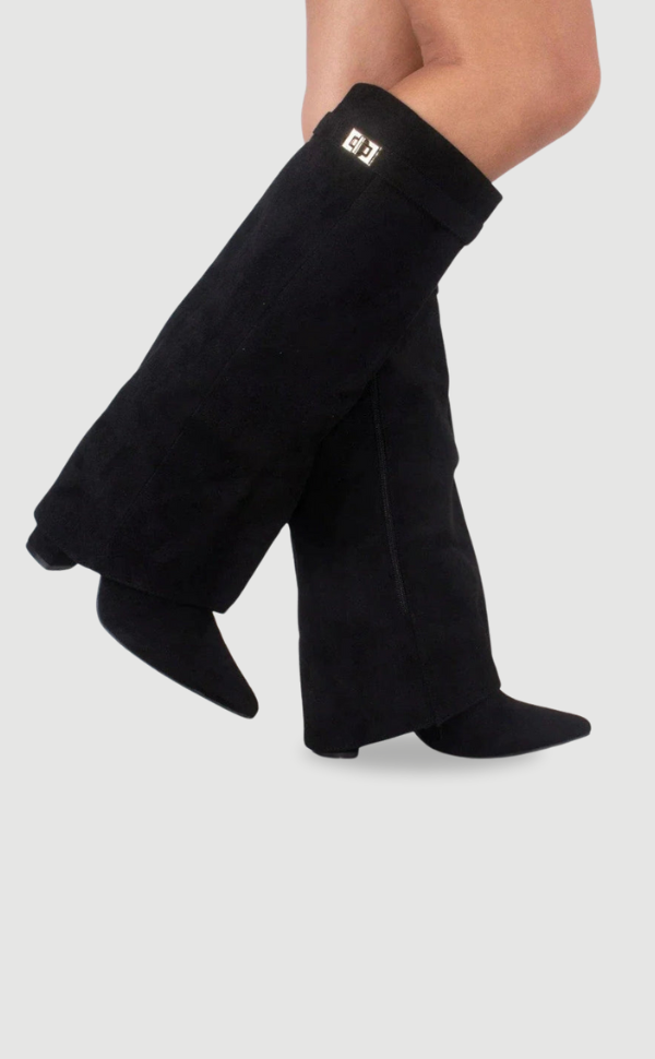 Women's black slouchy thigh-high boots with pointed toe, relaxed drape silhouette