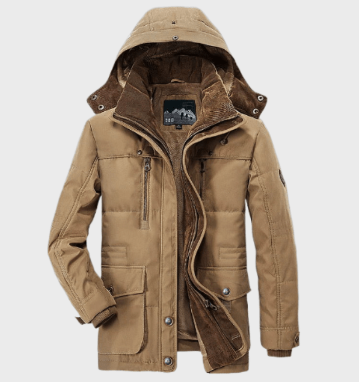 Men's olive green waterproof winter jacket with insulated lining and breathable shell for cold weather