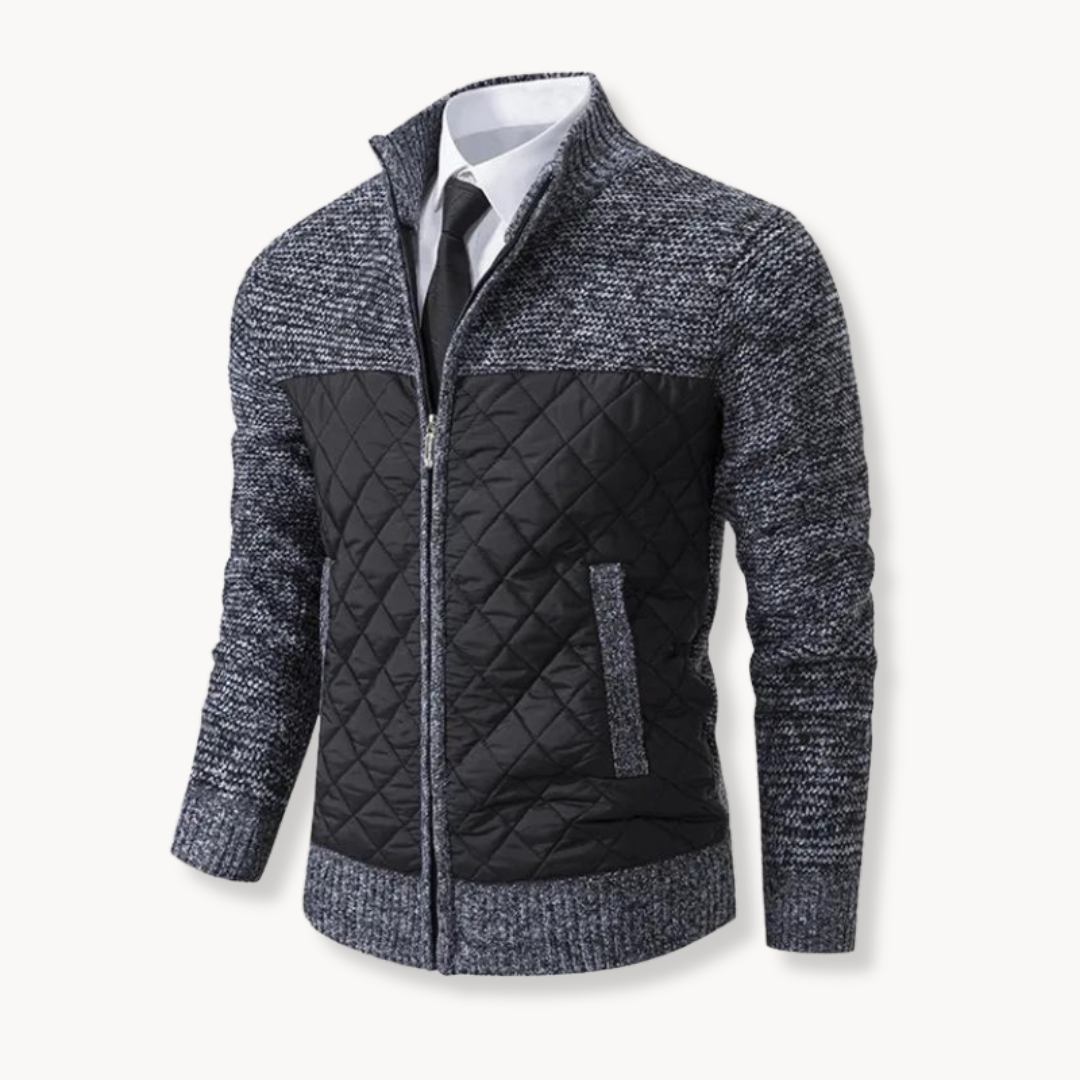 Mateo navy quilted sweater jacket knitted sleeves high collar zip closure insulated front