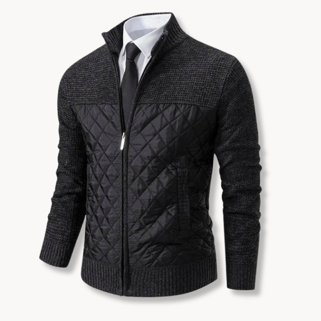 Mateo navy quilted sweater jacket with knitted sleeves, high collar, zip closure, insulated front