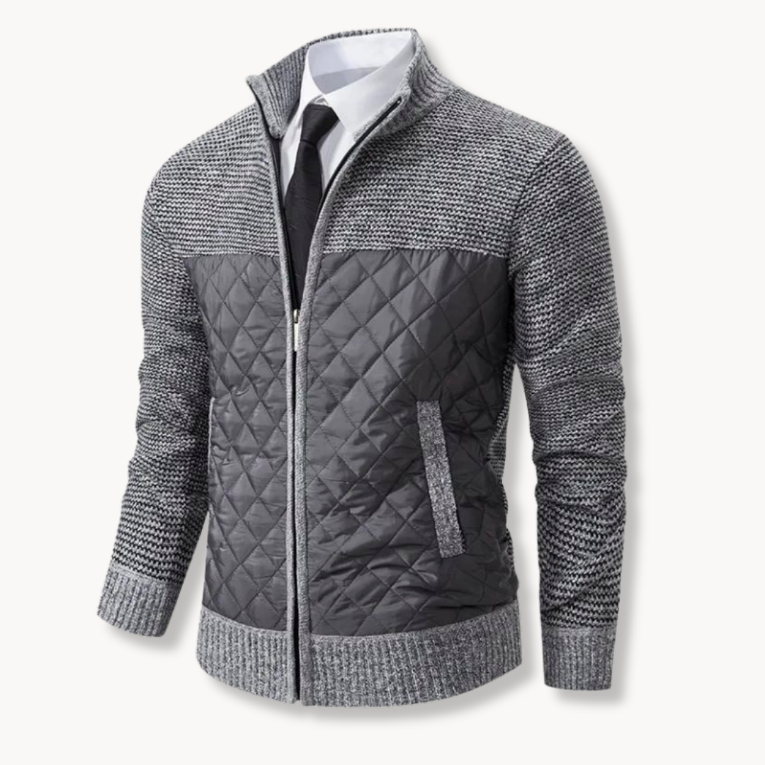 Mateo navy quilted sweater jacket with knitted sleeves, high collar, and zip closure for men