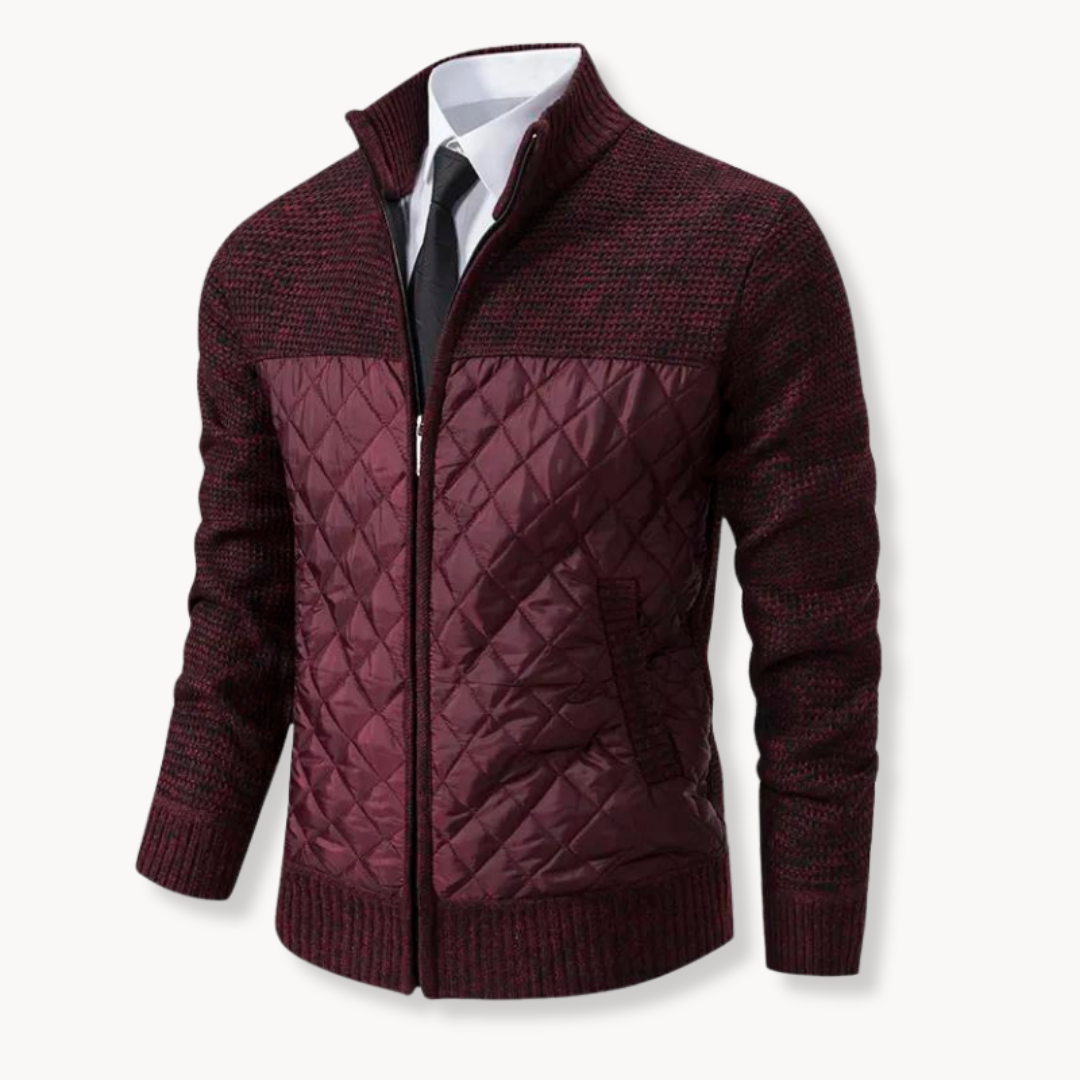 Mateo navy quilted sweater jacket insulated front knitted sleeves high collar zip closure