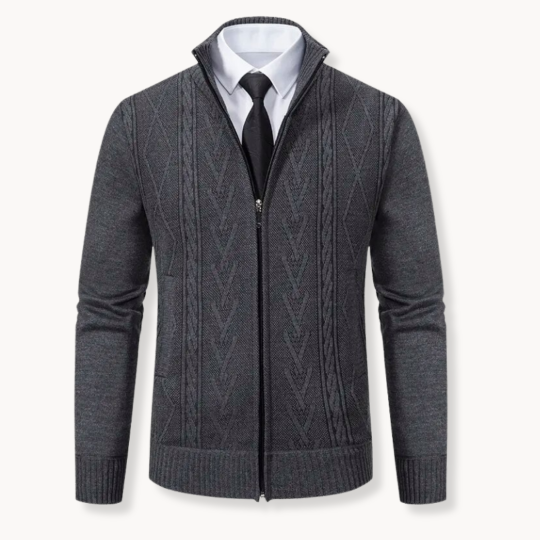 Men's gray cable knit zip-up cardigan sweater with polished silhouette and premium knit texture