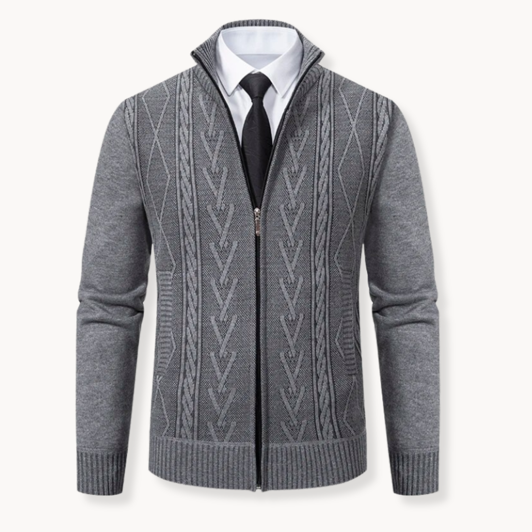 Men's gray cable knit zip-up cardigan sweater with premium polyester blend and polished slim fit