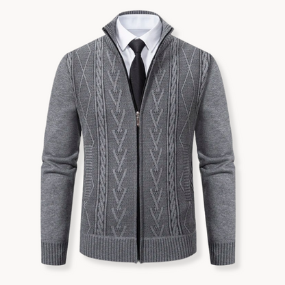 Men's gray cable knit zip-up cardigan sweater with premium polyester blend and polished slim fit