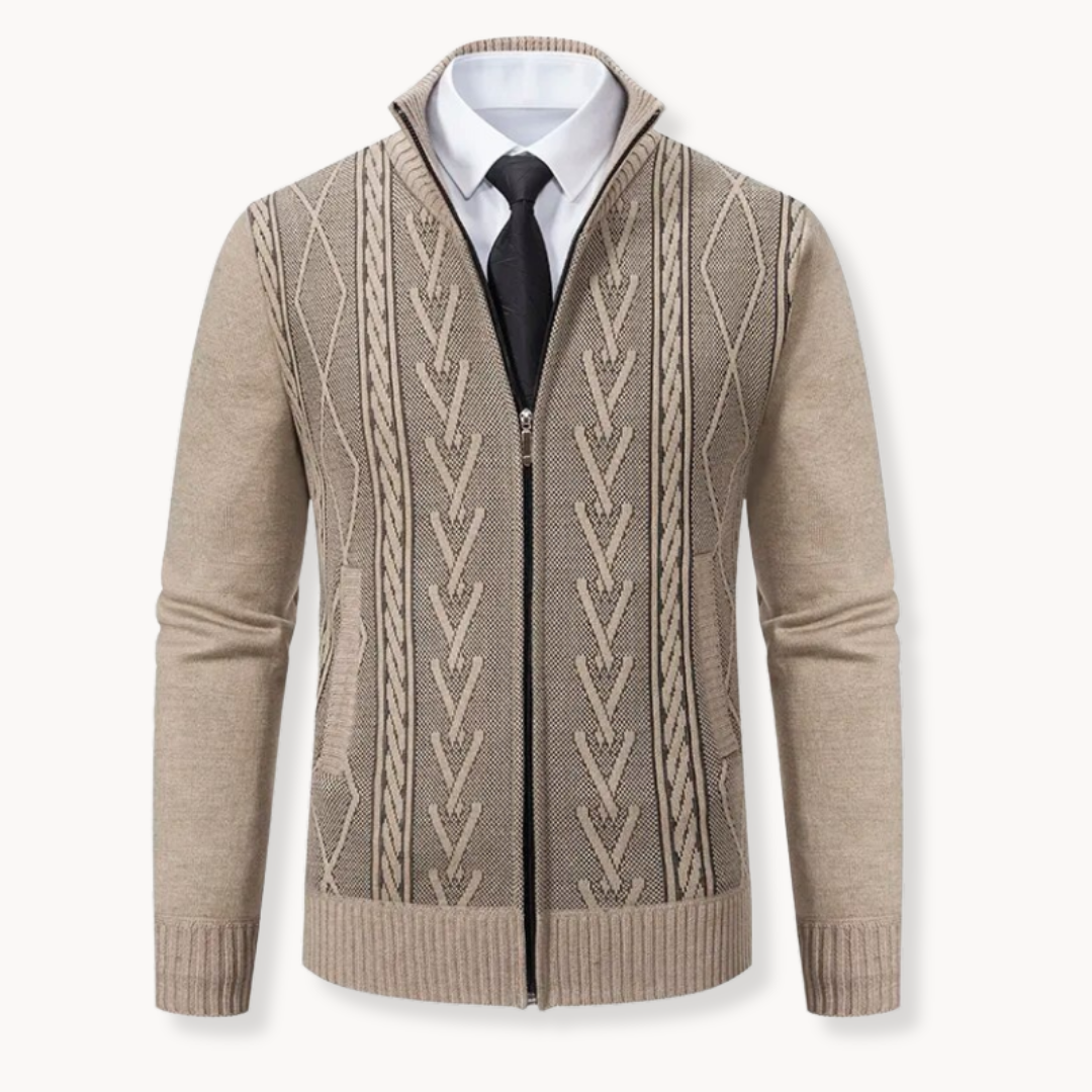 Men's gray cable knit zip-up cardigan sweater with premium textured pattern and sleek full-length zipper
