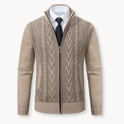 Men's gray cable knit zip-up cardigan sweater with premium textured pattern and sleek full-length zipper
