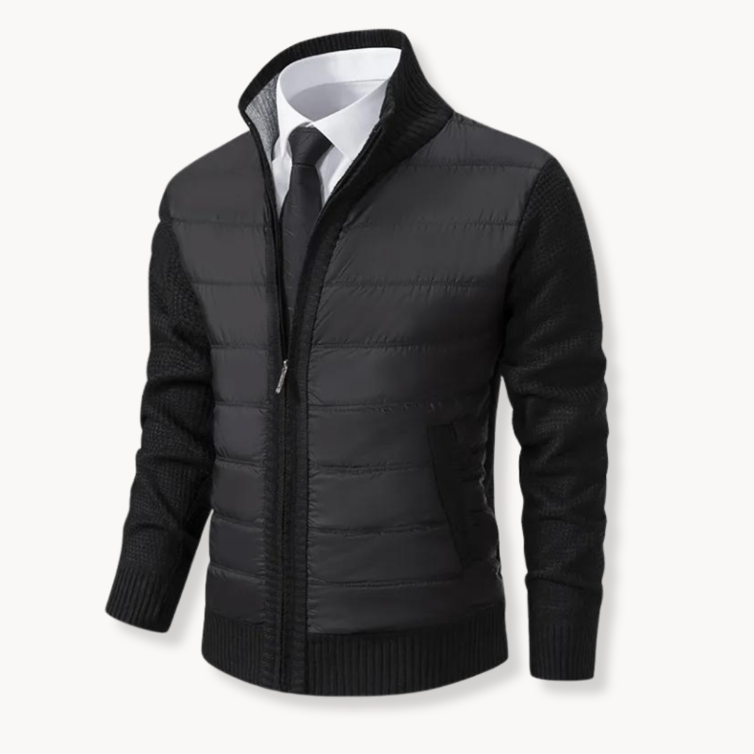 Men's navy zip-up sweater jacket with puffer body and contrast knit sleeves by Wavlynn