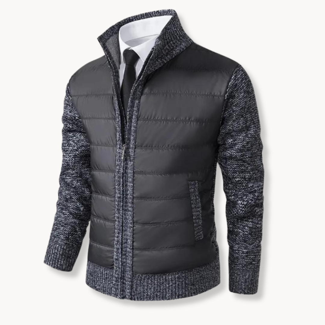 Men's gray zip-up sweater jacket with puffer body and contrast knit sleeves by Wavlynn