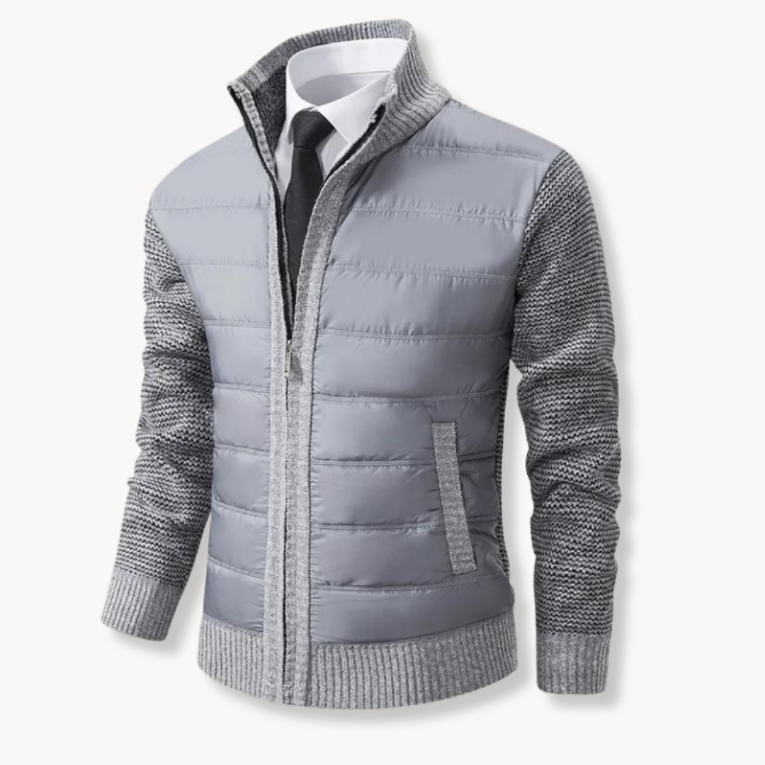 Men's navy zip-up sweater jacket with puffer body and contrast knit sleeves by Wavlynn