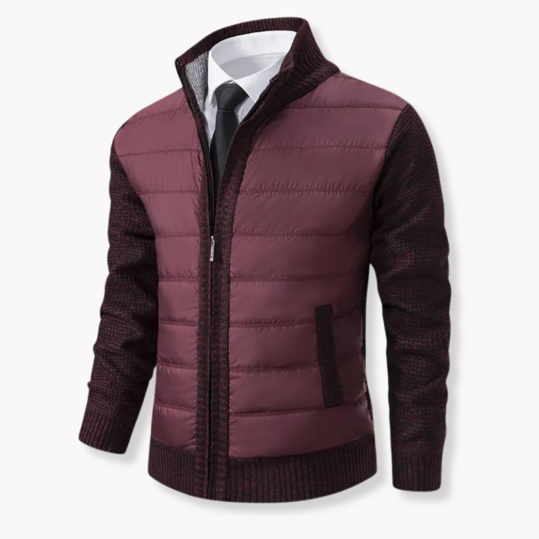 Men's gray zip-up sweater jacket with puffer body and contrasting knit sleeves by Wavlynn