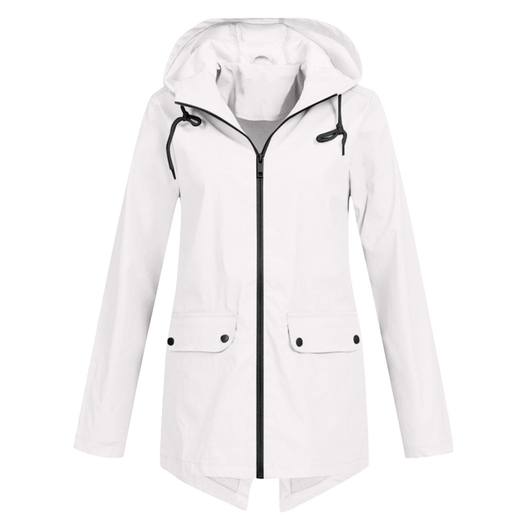 Women's mid-length relaxed fit rain jacket with adjustable hood, water-resistant lightweight outerwear for adventures