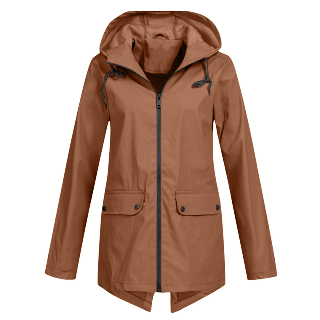 Women's lightweight hooded rain jacket, sleek modern silhouette, breathable waterproof commuter style