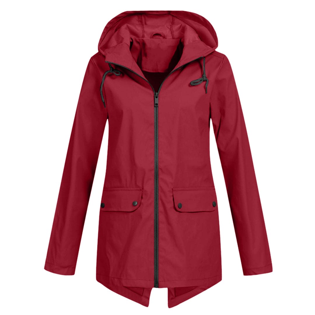 Women's mid-length relaxed fit rain jacket with adjustable hood, water-resistant lightweight shell for adventure