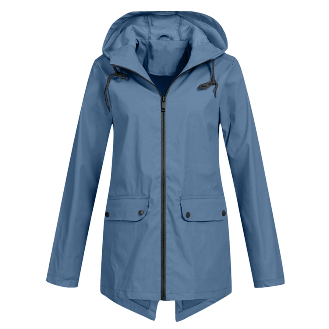 Women's mid-length relaxed fit rain jacket with adjustable hood, water-resistant lightweight shell for adventure