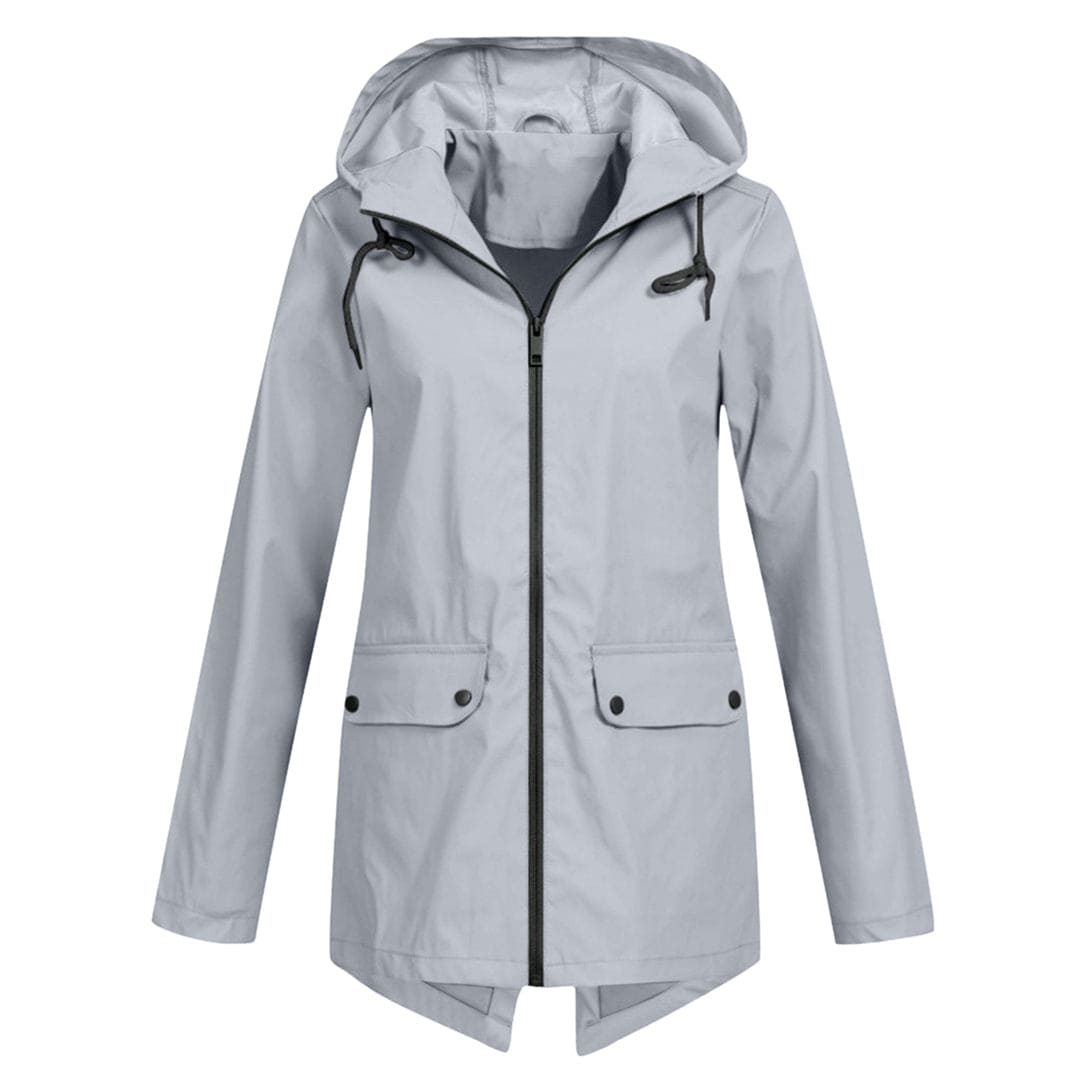 Women's mid-length relaxed fit rain jacket with adjustable hood, water-resistant shell for adventure