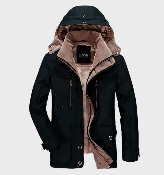 Men's olive green waterproof winter jacket with insulated lining and breathable shell for cold weather