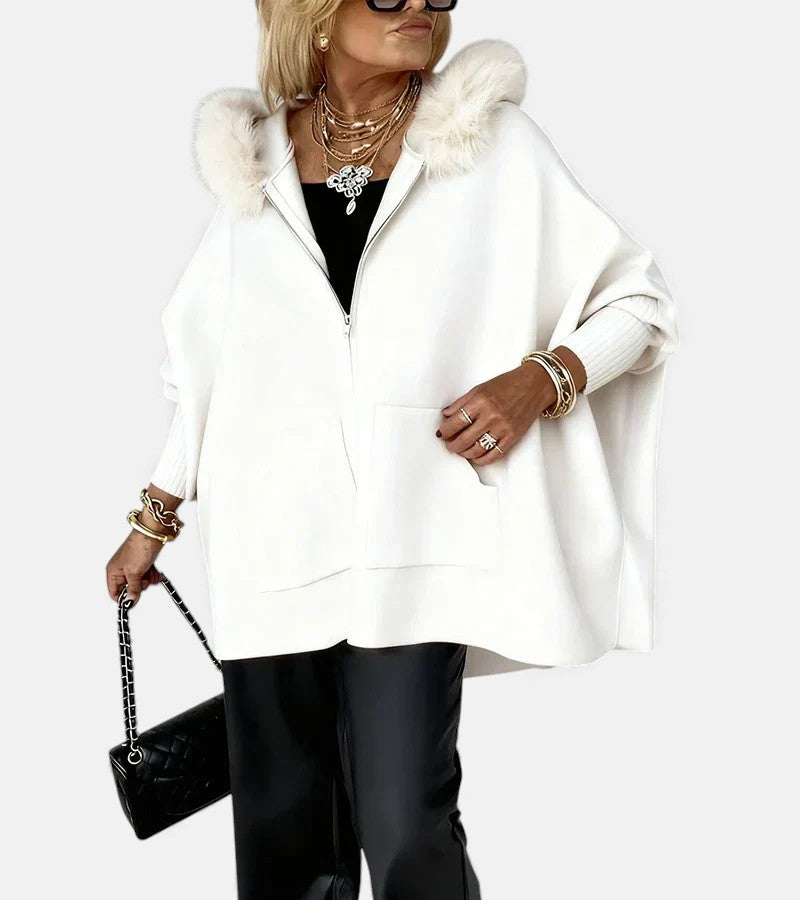 Beige casual hooded coat with relaxed silhouette and softly structured drape for everyday wear