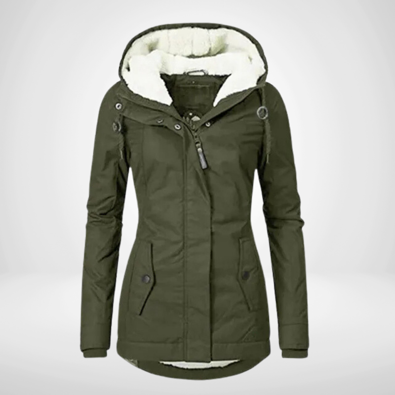 Women's waterproof fleece-lined hooded rain jacket tailored mid-length coat for all-weather style