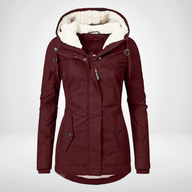 Women's waterproof fleece-lined hooded rain jacket tailored mid-length coat for all-weather style