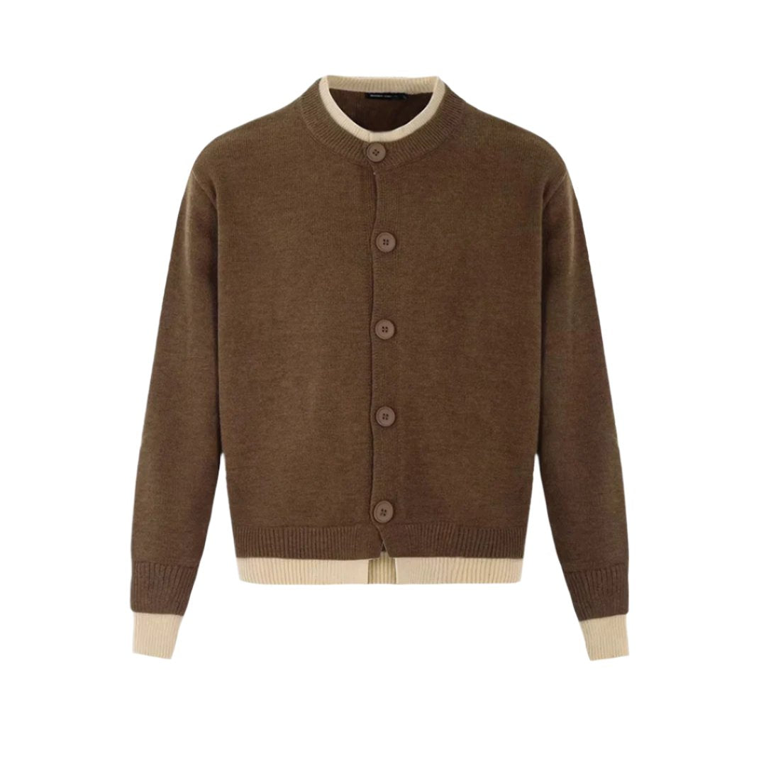 Cream two-piece layered cardigan set, crew-neck sweater with relaxed single-breasted vintage-inspired design