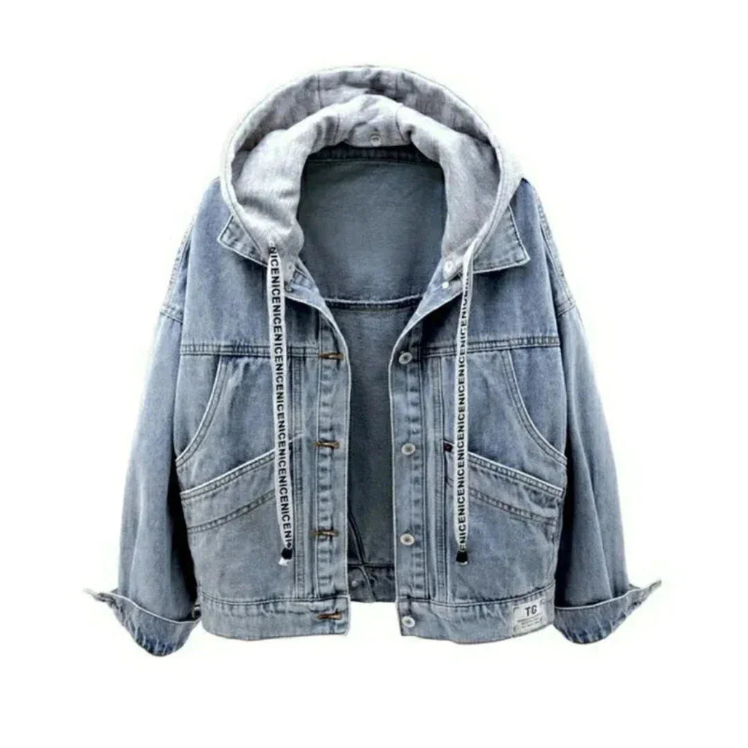 Blue hooded denim jacket with button-down front and multiple pockets streetwear style