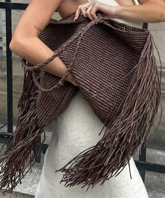 Sac à bandoulière tendance et polyvalent avec pompon tissé café - Wavlynn