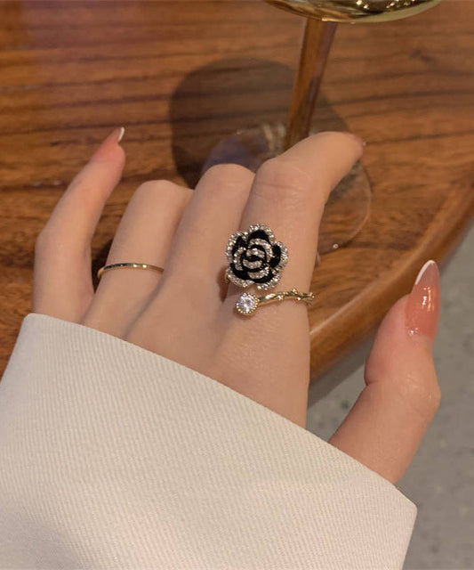 Bagues camélia en alliage noir et zircon tendance - Wavlynn