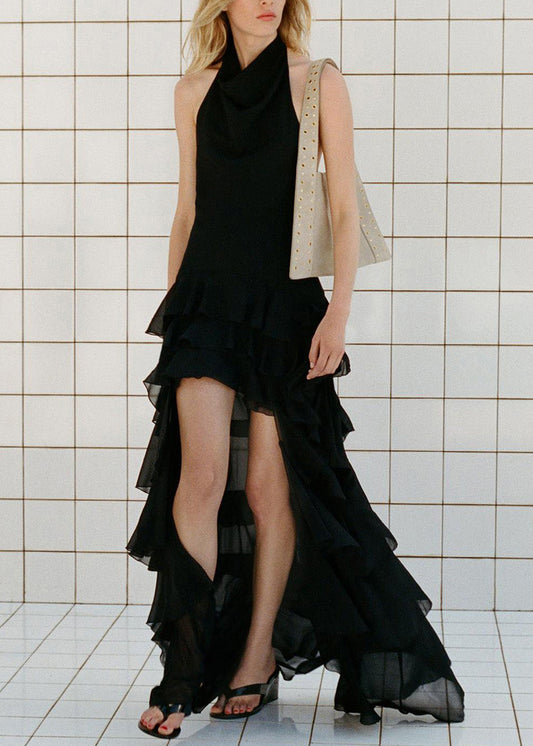 Robe en mousseline de soie noire à volants, coupe basse et haute, sans manches - Wavlynn
