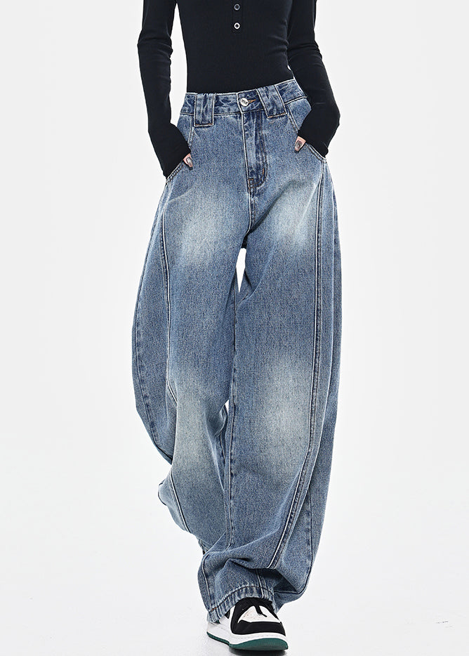 Pantalon en jean taille haute à poches bleues tendance pour le printemps - Wavlynn
