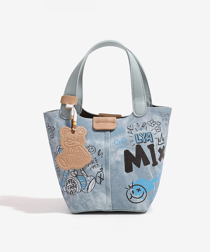 Sac seau en denim patchwork à imprimé bleu tendance - Wavlynn