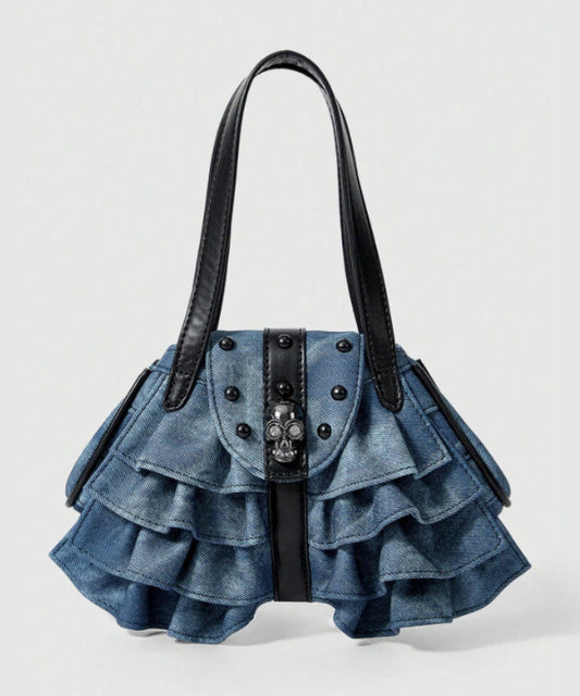 Sacs à bandoulière en denim patchwork à volants bleus tendance avec perles - Wavlynn