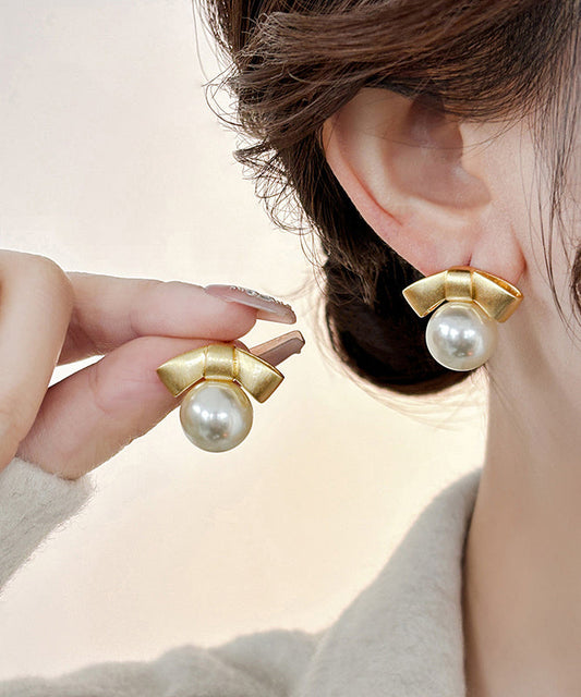 Boucles d'oreilles à tige en alliage d'or avec perles et nœud - Wavlynn