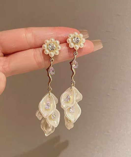 Boucles d'oreilles pendantes à pampilles en alliage d'or et zircon, motif floral et perles - Wavlynn