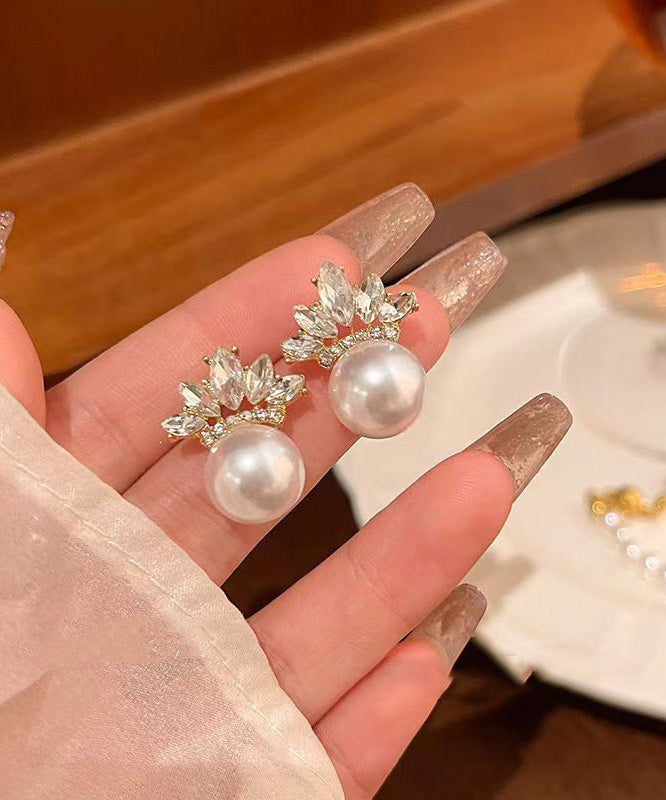 Boucles d'oreilles à tige tendance en alliage de cuivre doré et zircon, avec perles et feuilles - Wavlynn