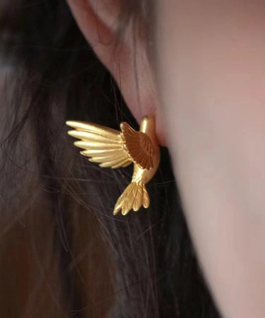 Boucles d'oreilles à tige en argent sterling doré et or avec motif oiseau volant - Wavlynn