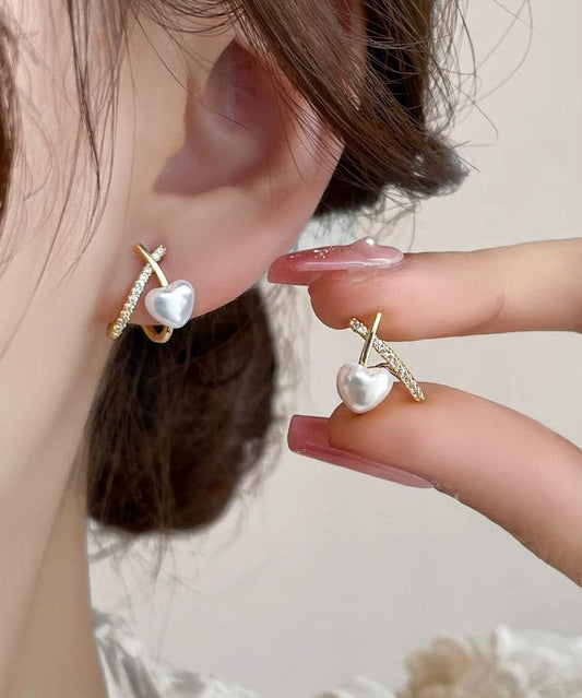 Boucles d'oreilles à tige tendance en argent sterling et or avec perles de zircone - Wavlynn